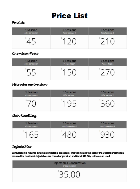 cosmetic services pricelist